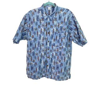 OP Sport Tiki Print Shirt Mens Size Large L Vintage Button Up Pure Cotton Blue